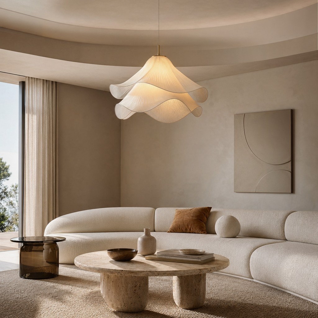 Layered fabric pendant light in a living room
