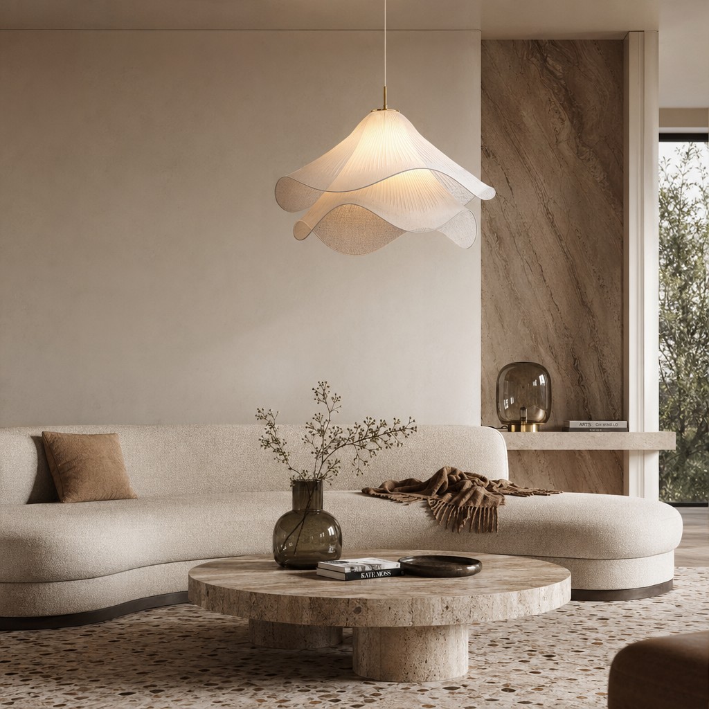 Ethereal pendant light in a warm living room
