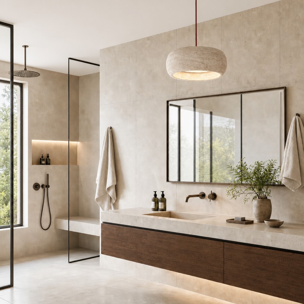 Suspension en pierre naturelle Kairis au dessus d'un meuble vasque de salle de bain