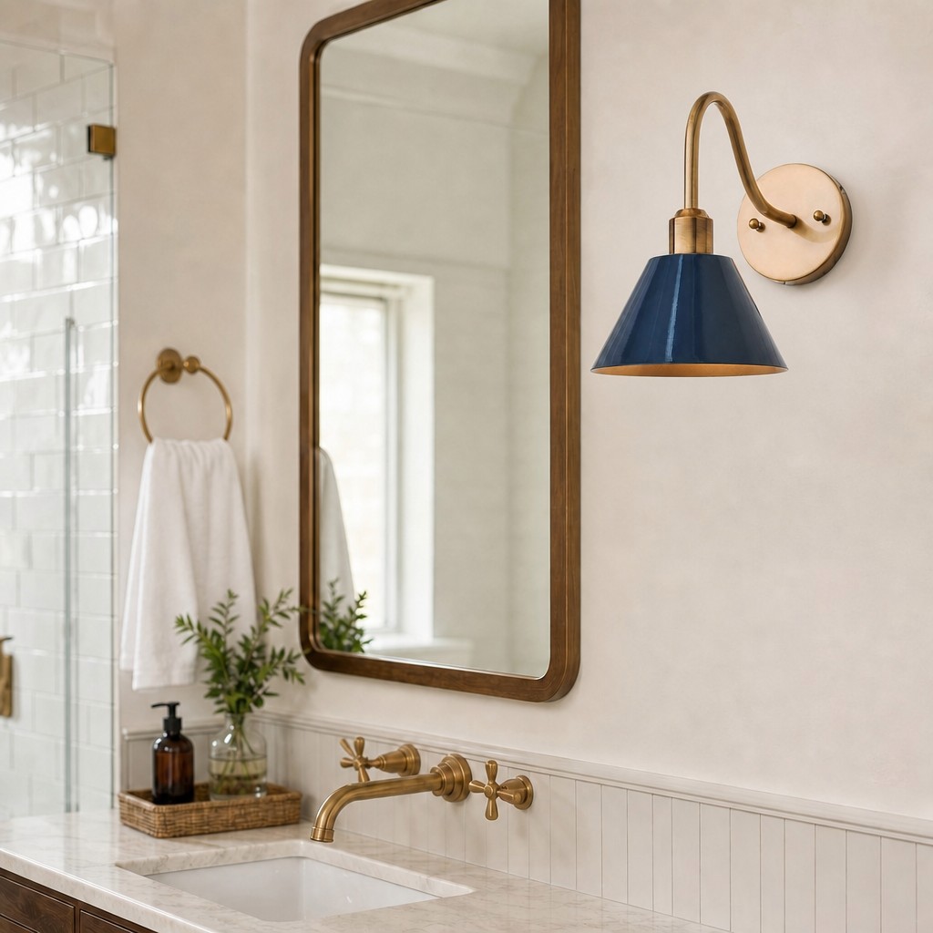 Narix blue shade wall sconce beside a bathroom mirror