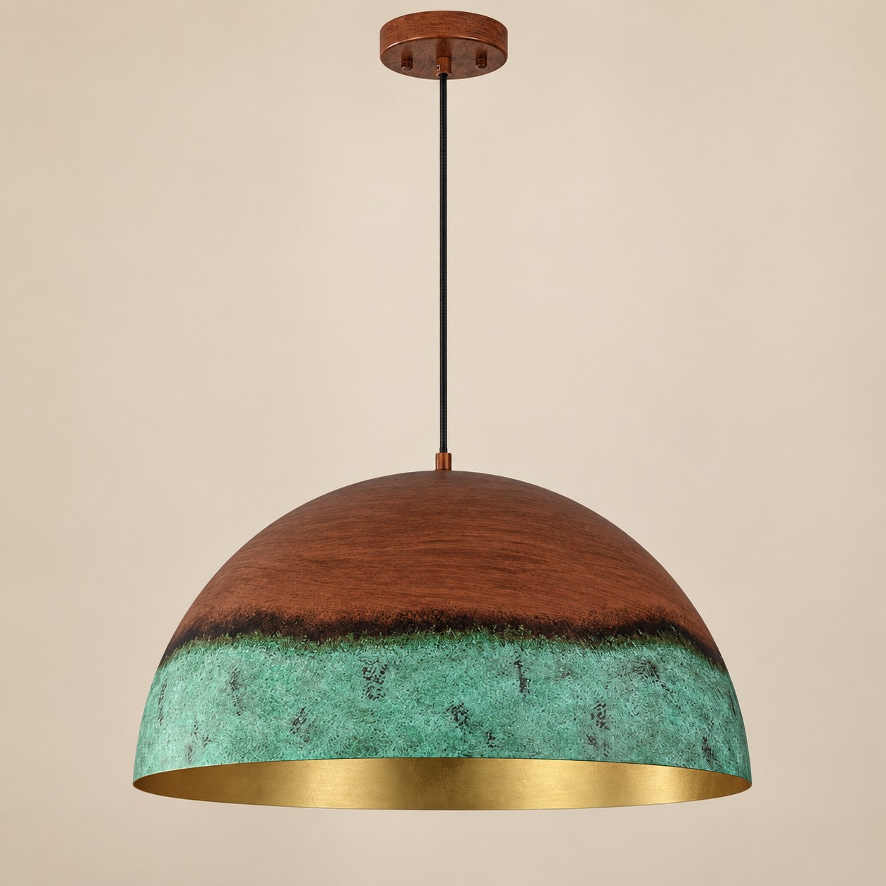 Copper Patina Dome Pendant with textured iron and a wide dome
