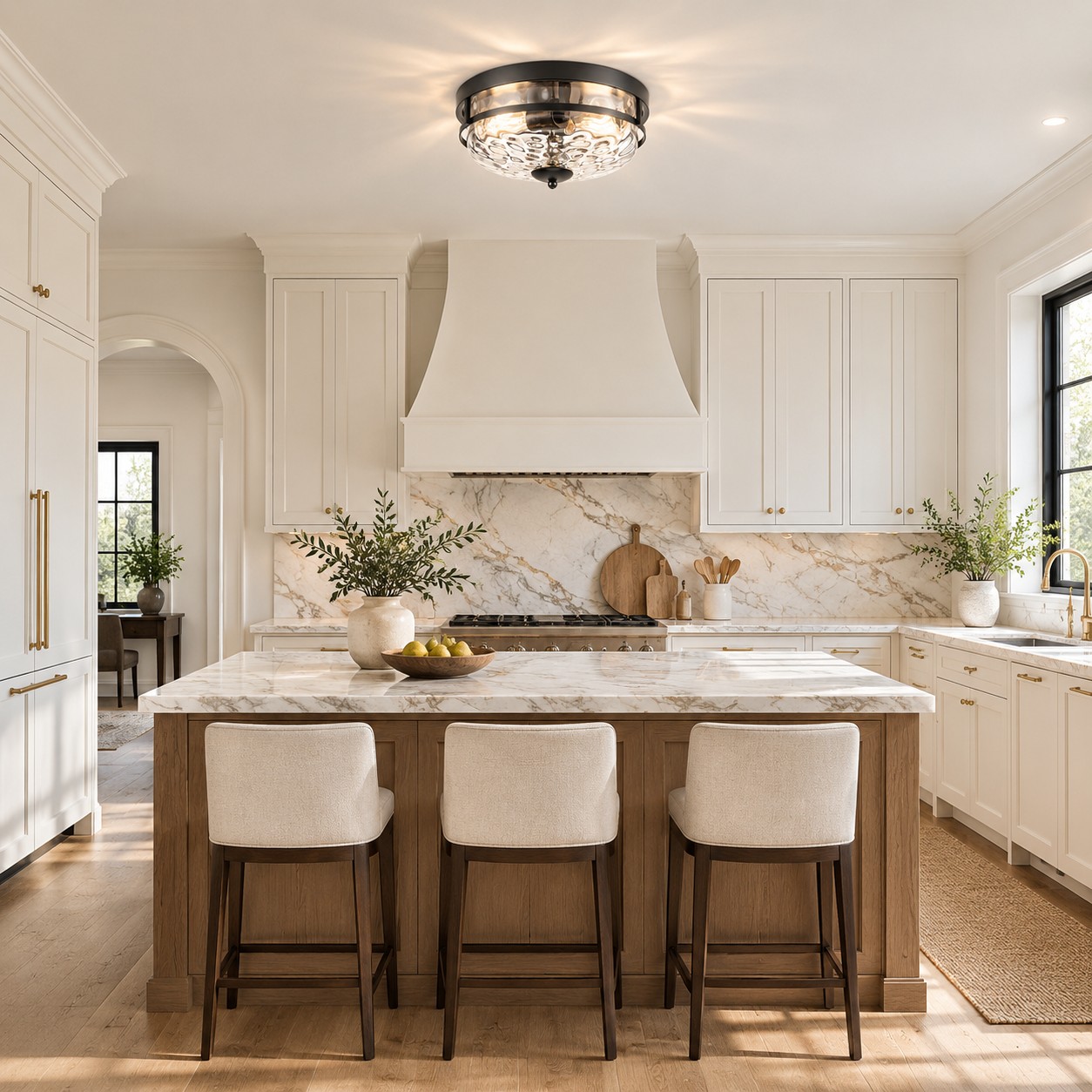 Hammered Glass Flush Ceiling Light with rippled clear glass and a broad glass shade