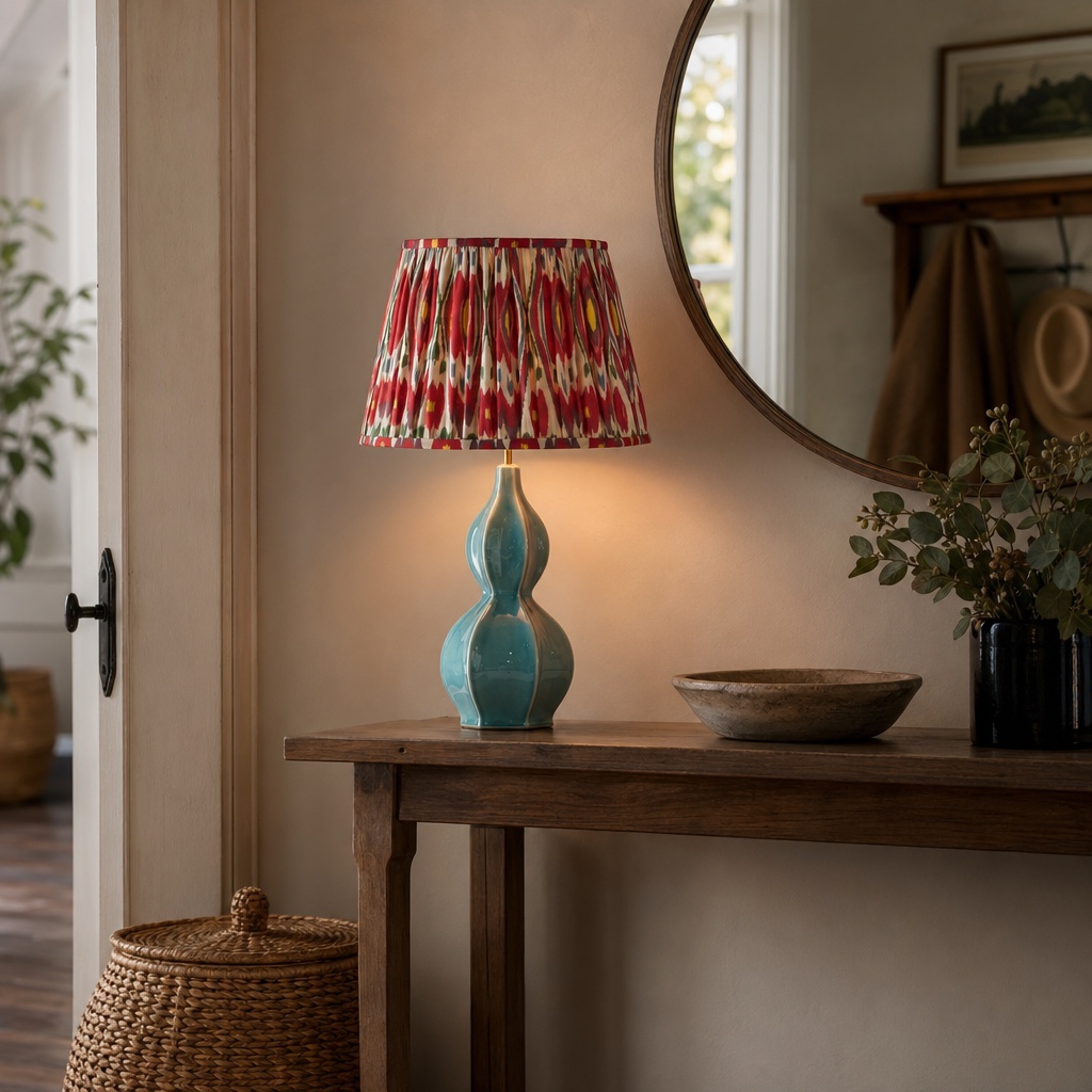 Thalune table lamp glowing on a console table