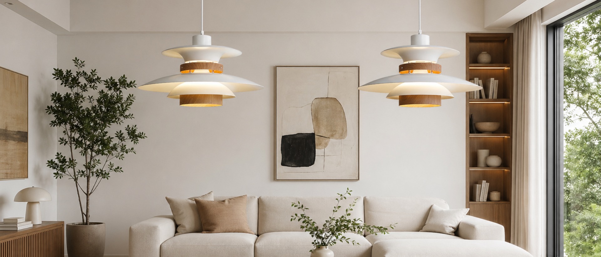 Modern Minimalist Layered Hanging Light styled in a living room