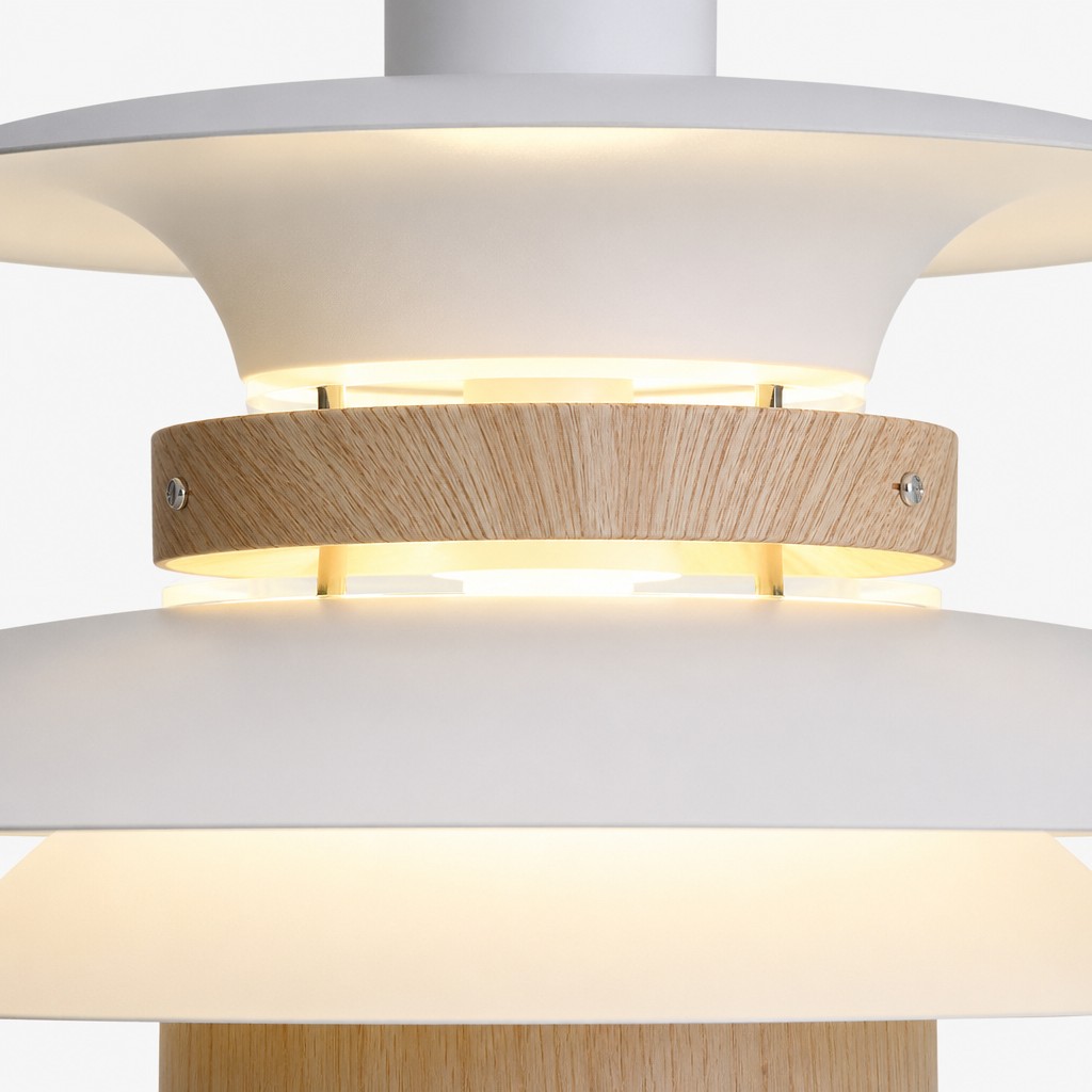 Wood and metal construction detail of layered pendant light