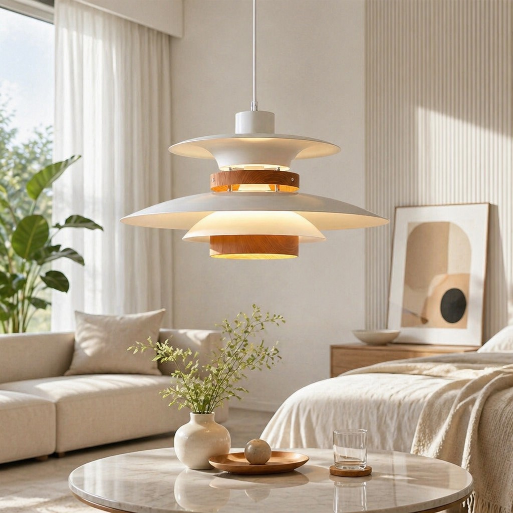 Modern Minimalist Layered Hanging Light in a softly styled room