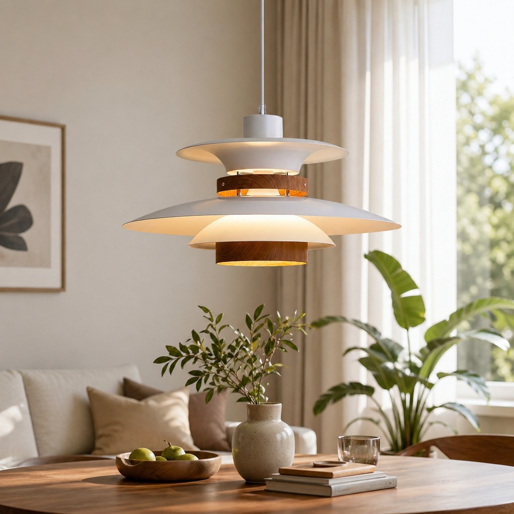 Modern Minimalist Layered Hanging Light over a wood table