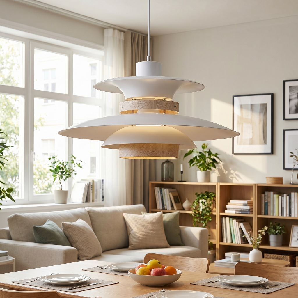 Modern Minimalist Layered Hanging Light above a living room table
