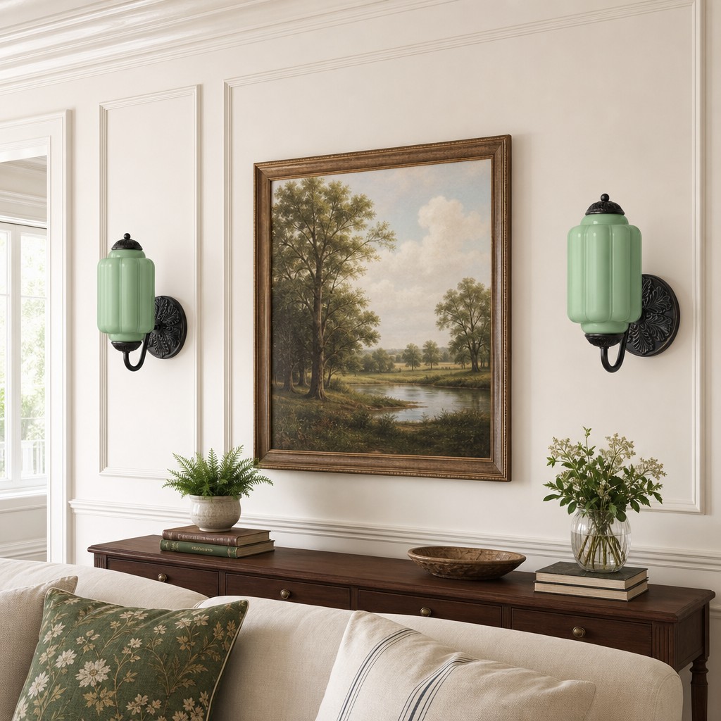 Green Eloise wall sconces in a living room scene