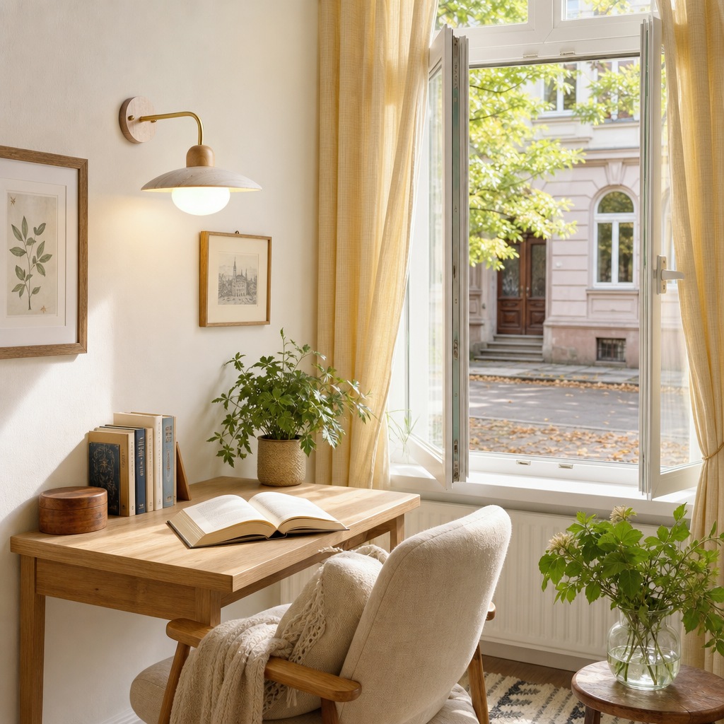 Discra wall lamp styled beside a sunny window and desk