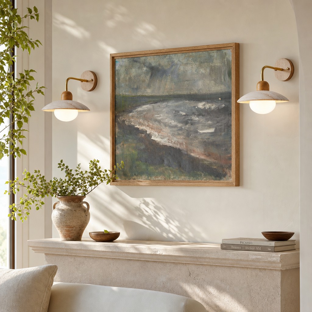 Discra wall lamps illuminating artwork above a console