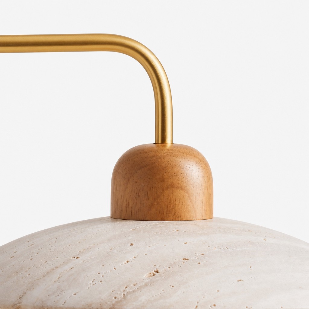 Discra wall lamp curved metal arm and wood detail close-up