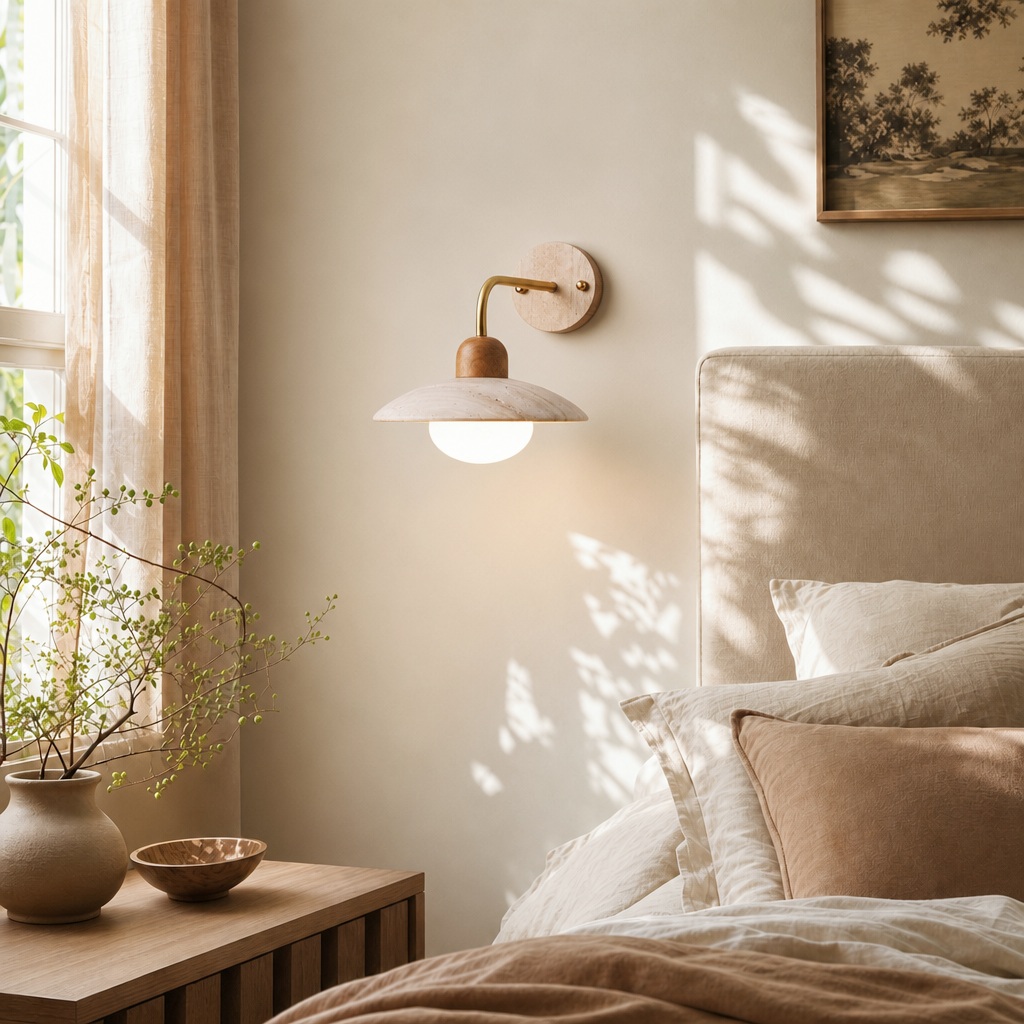 Discra wall lamp mounted beside a bedroom setting