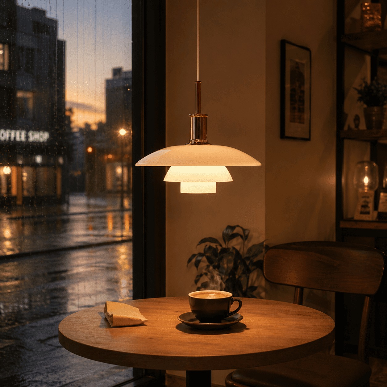 Warm pendant lamp beside a café window