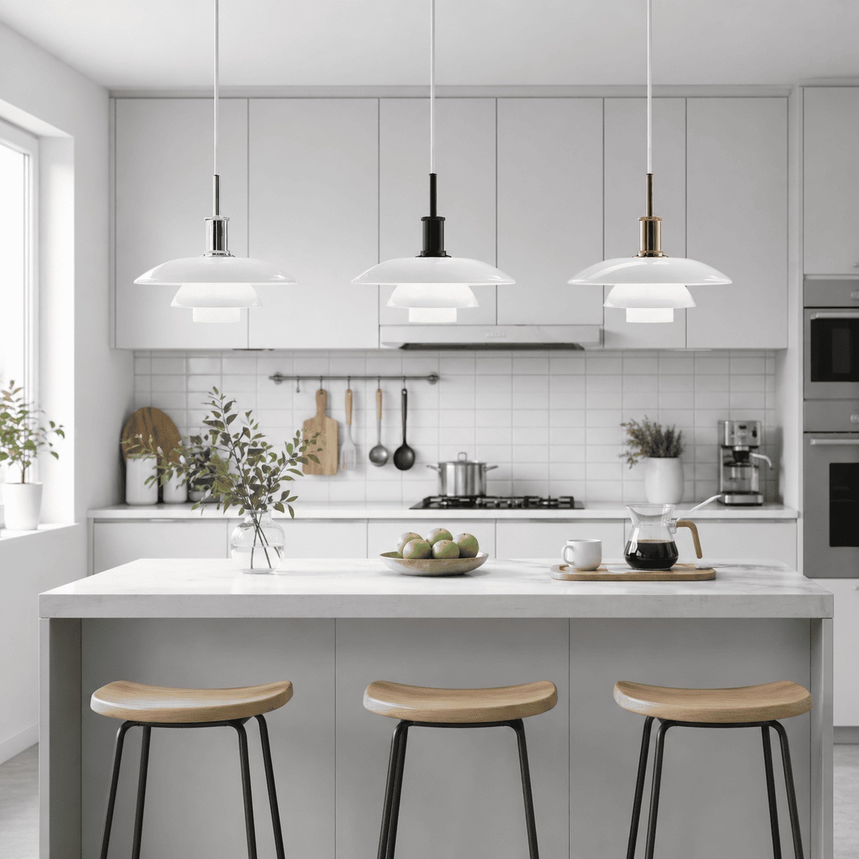 Three-tier pendant lamp over a bright kitchen island