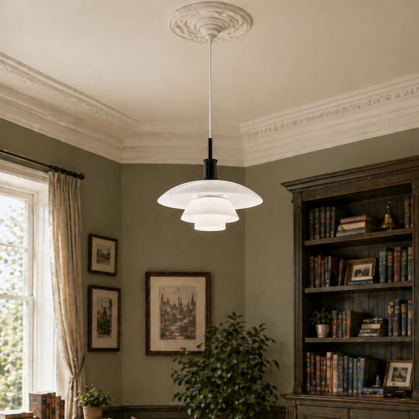 Black pendant lamp in a classic reading room