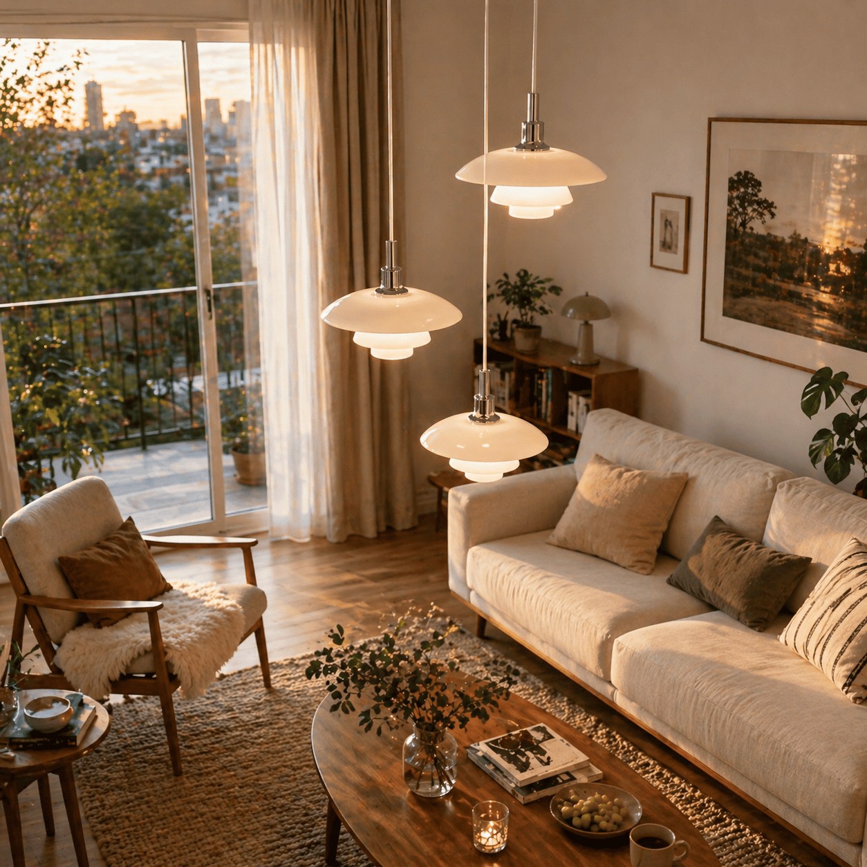 Layered pendant lamps styled above a living room seating area
