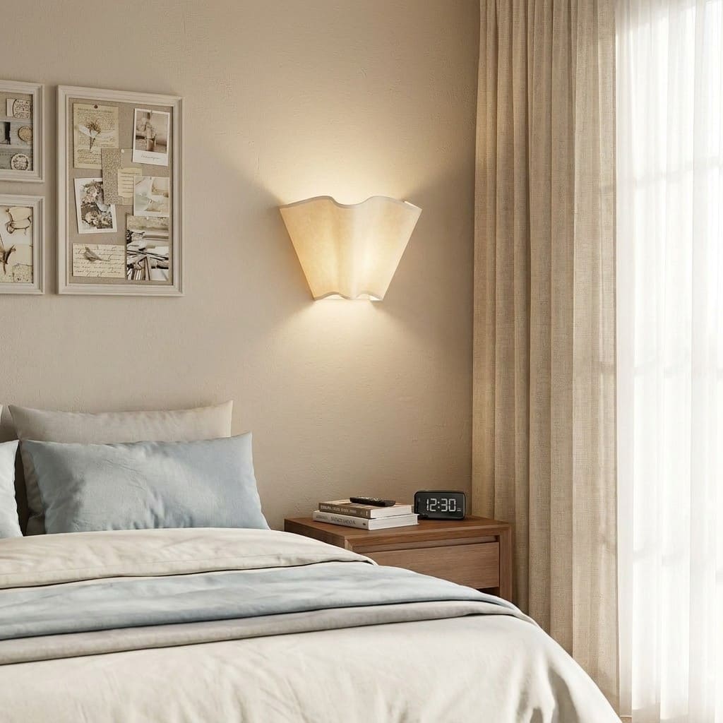 Oslan wall sconce beside a bedroom curtain