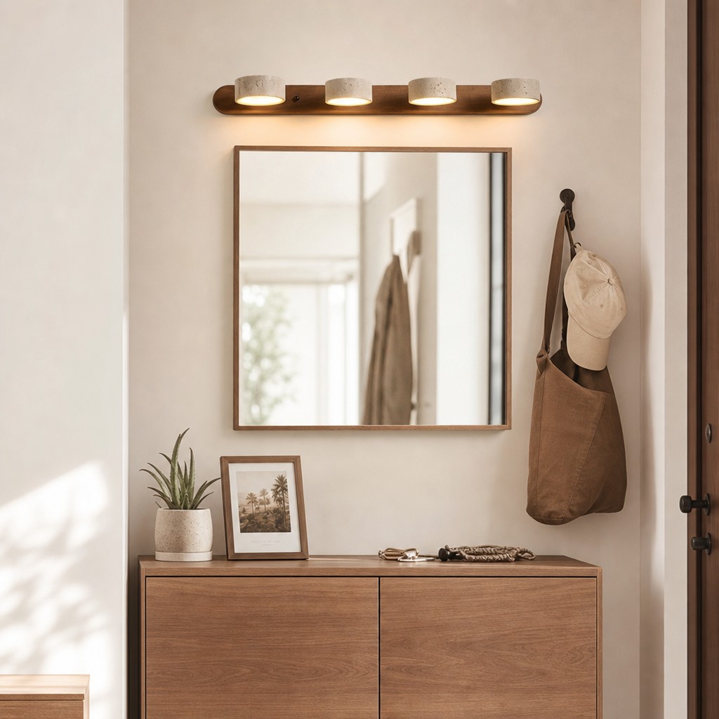 Travira wall sconce above a mirror and cabinet