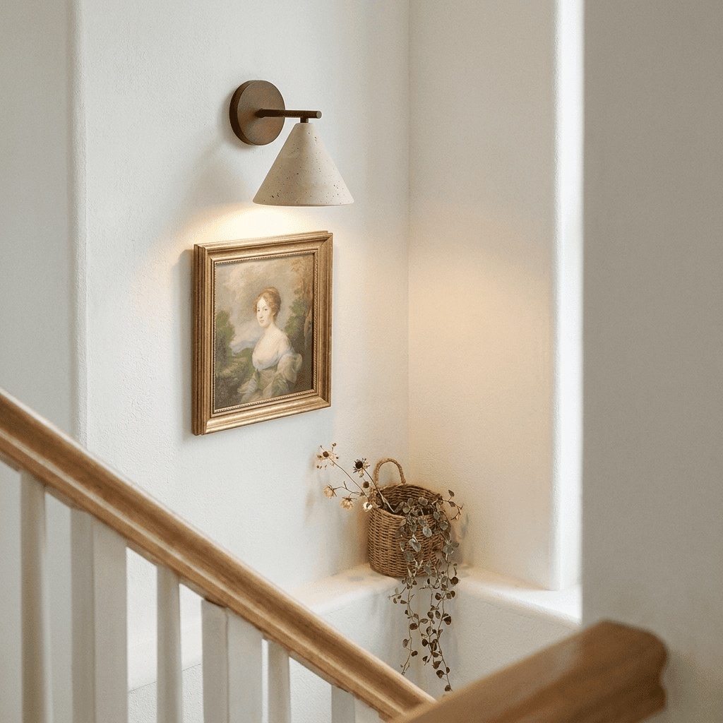 Travira wall light installed above staircase decor