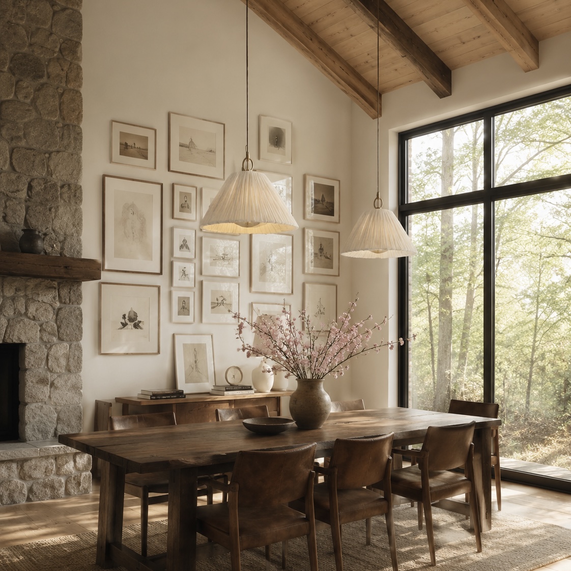 Luminella pendants above a rustic dining room