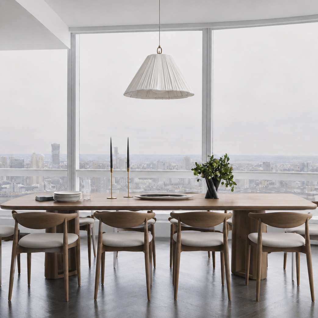 Luminella pendant above a dining table by large windows