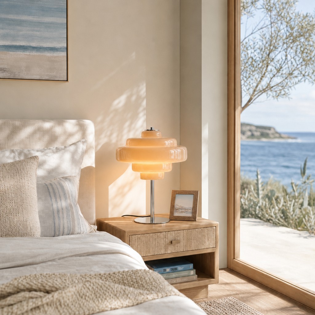 Koloro glass table lamp on a bedroom nightstand