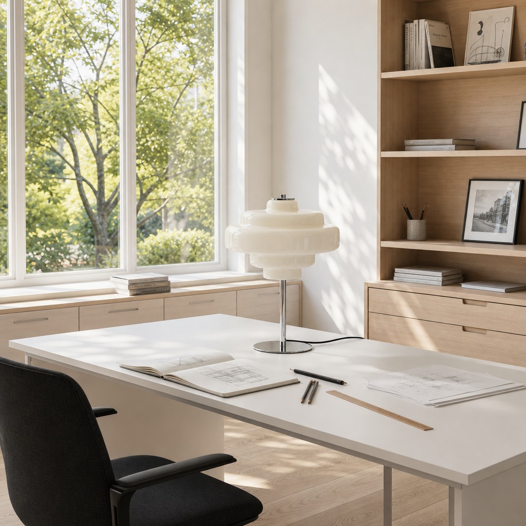 Koloro glass table lamp on a desk by a window