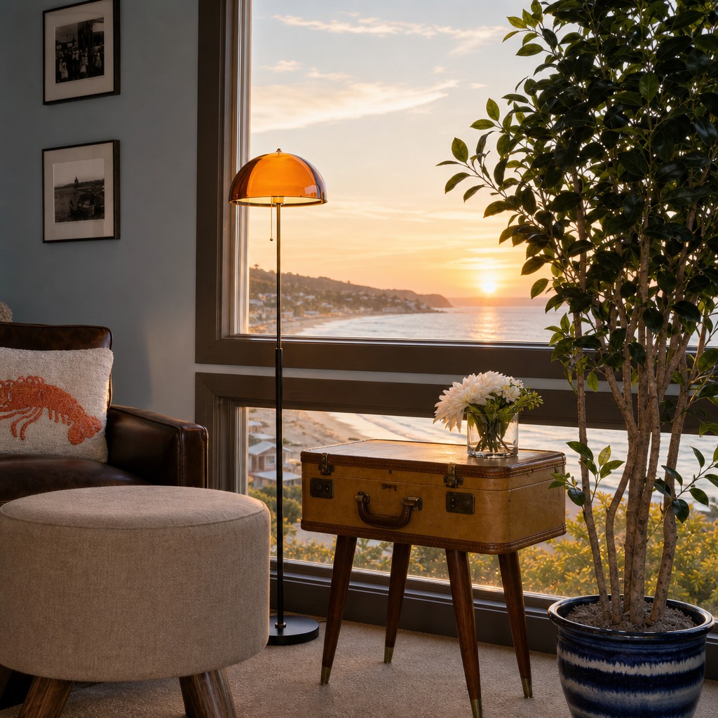 Afterglow floor lamp styled beside a sunset window