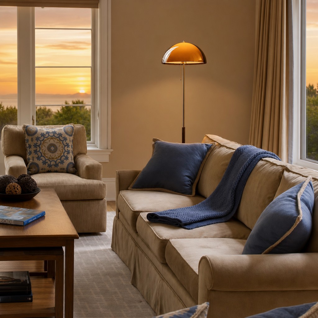 Afterglow floor lamp near a sofa in a warm living room