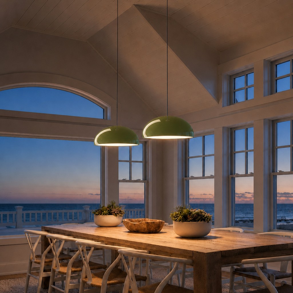 Haelen pendant lights above a table at dusk
