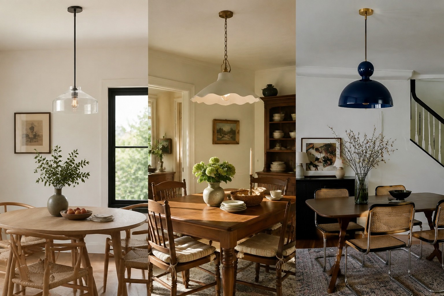 Three pendant light settings demonstrating how color, shape, and finish affect design longevity