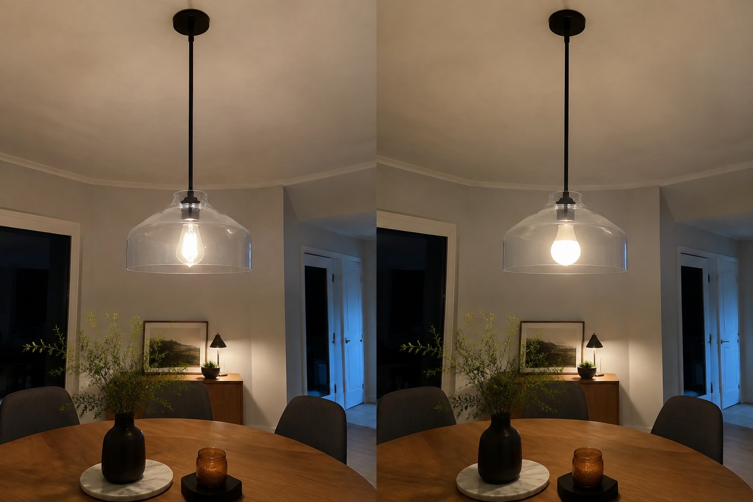 Clear and frosted E26 bulbs compared inside an open-bottom pendant light