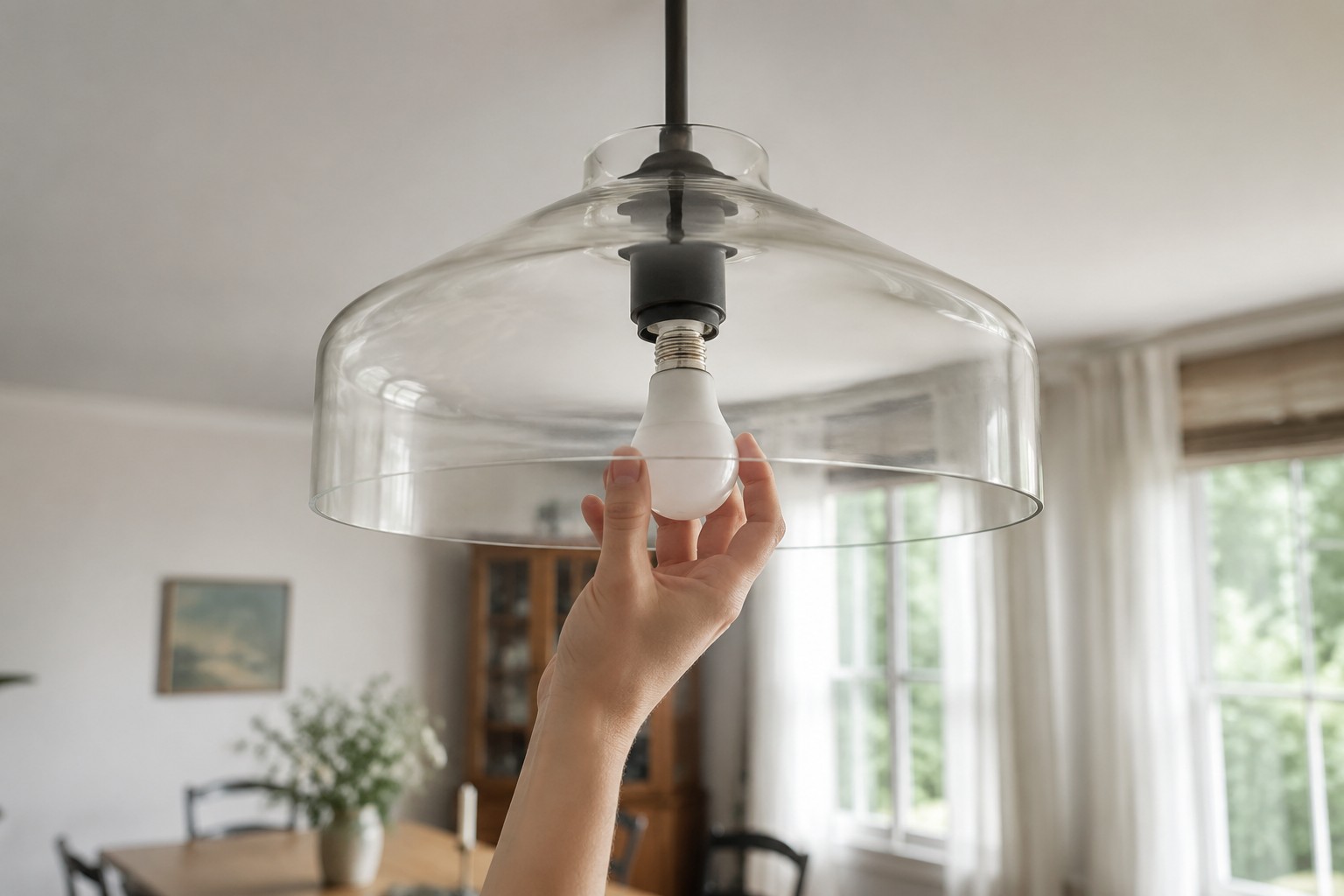 Replaceable E26 LED bulb being installed in a metal pendant light