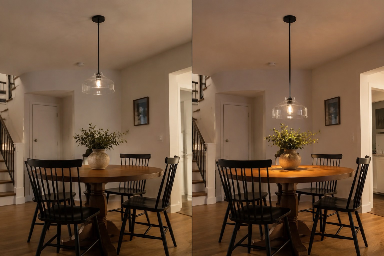 Hanton pendant light shown at different hanging heights above a dining table