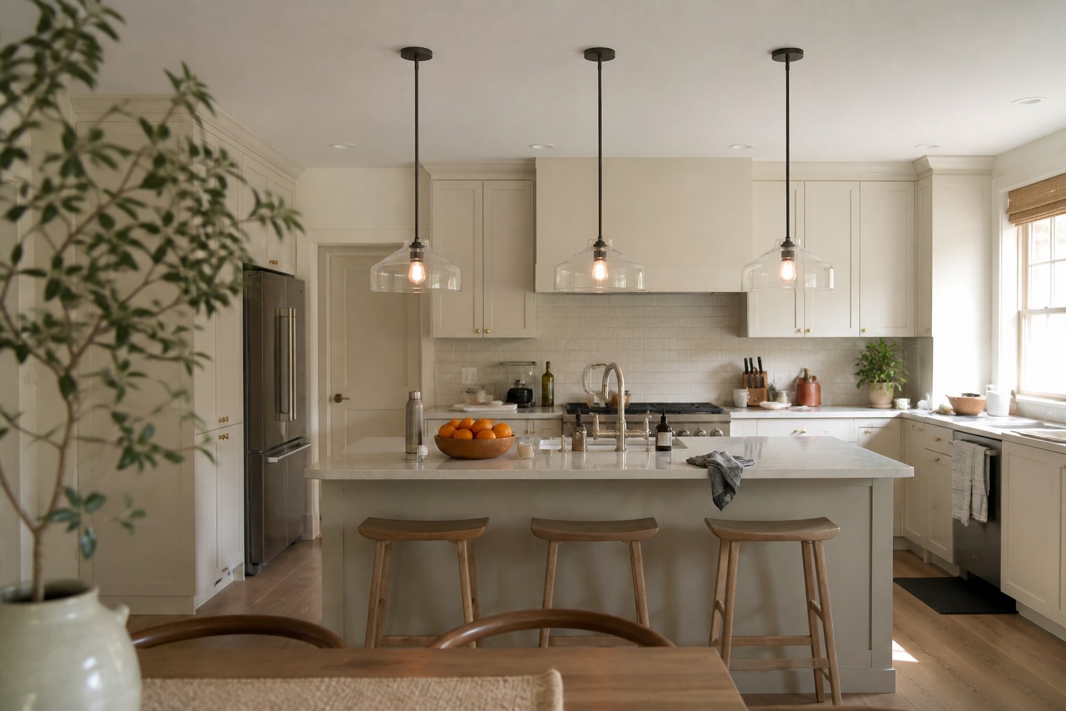 Three softly colored Hanton pendant lights above a neutral kitchen island