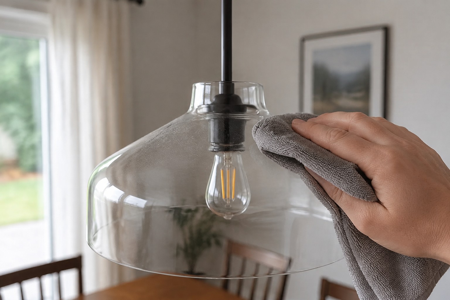 Simple metal pendant light shade being wiped with a soft microfiber cloth