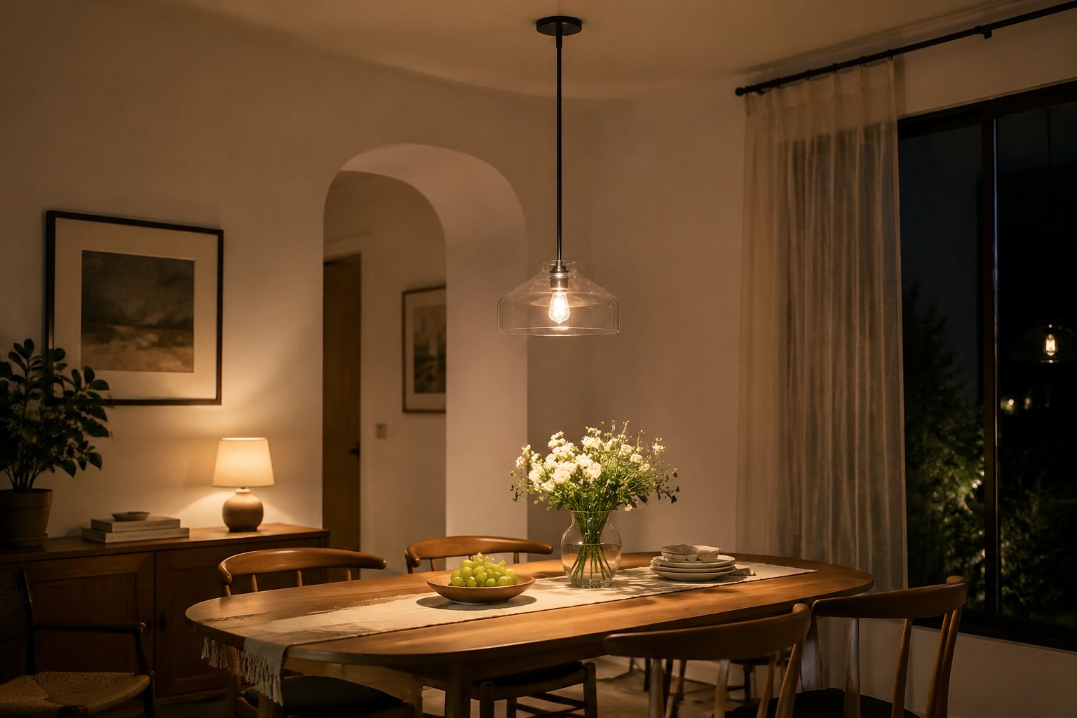 Hanton open-bottom pendant directing focused light onto a dining table