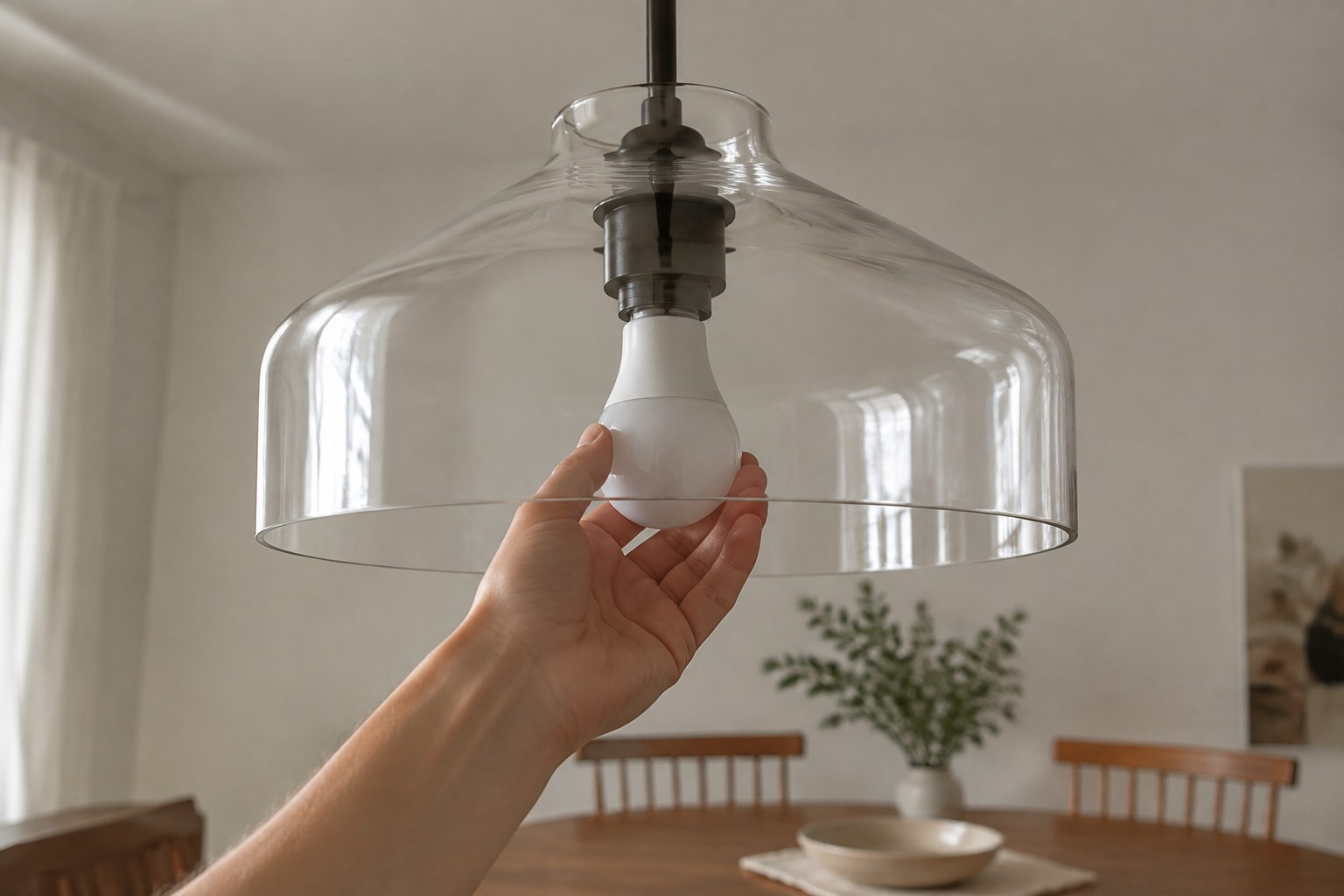 Frosted E26 LED bulb being replaced in a Hanton metal pendant light