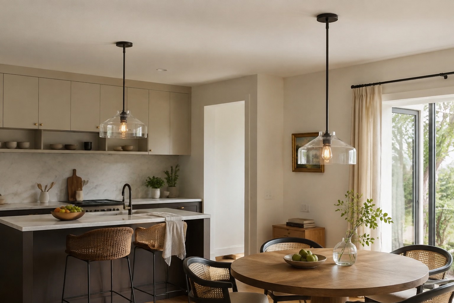 Adjustable metal pendant light positioned above a kitchen dining table