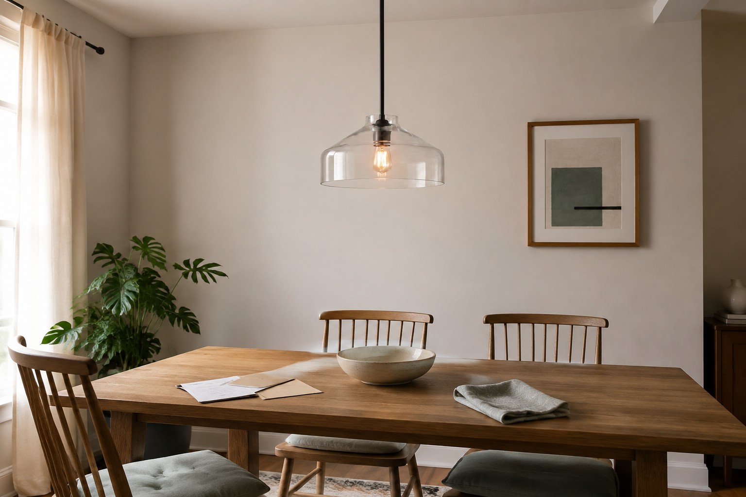 Softly colored Hanton pendant coordinated with dining chairs and wall art