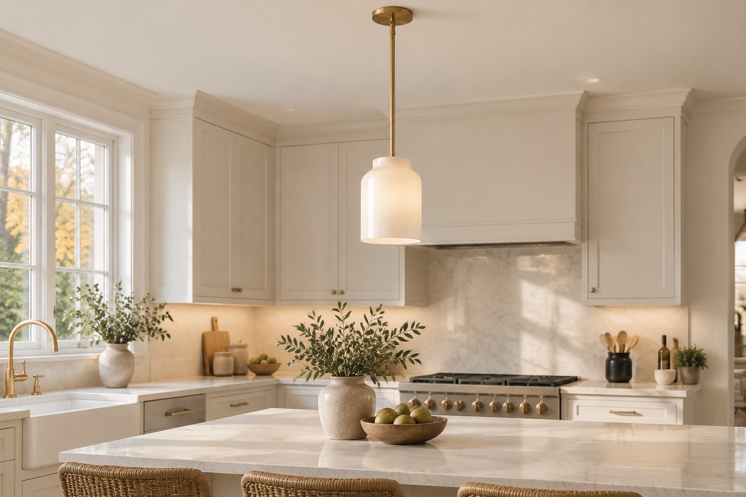 Warm ivory pendant above a white kitchen island and pale cabinetry