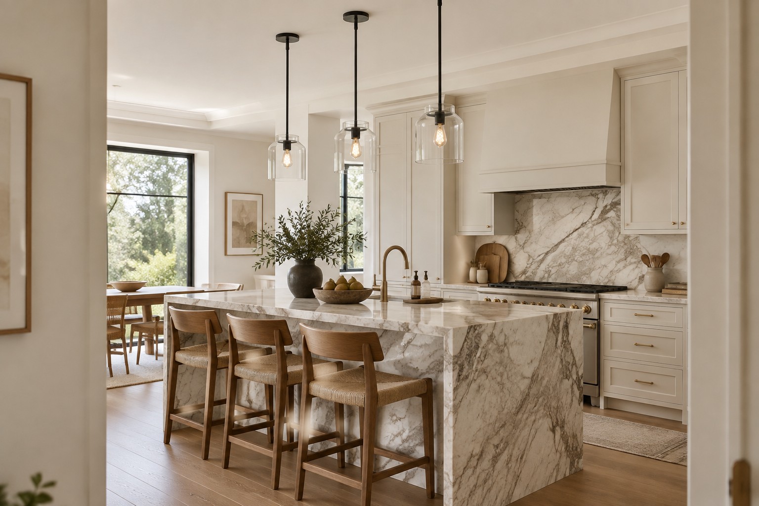 Understated pendant over an island with a strong stone backsplash