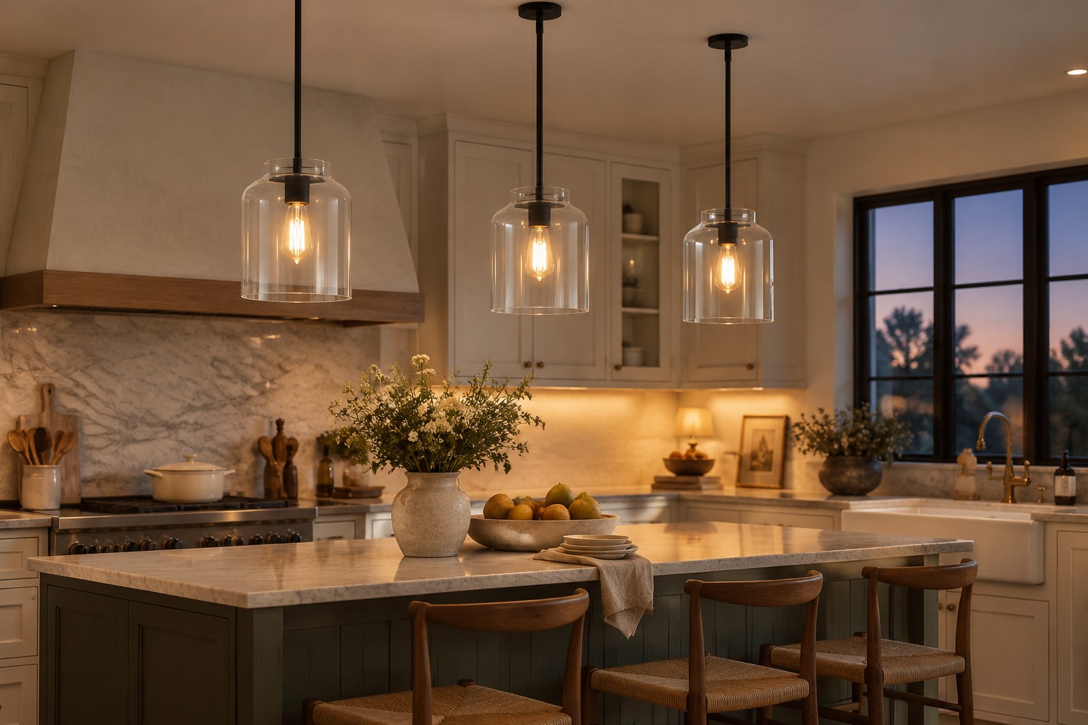 Kitchen island pendant with surrounding ambient and under-cabinet lights in the evening