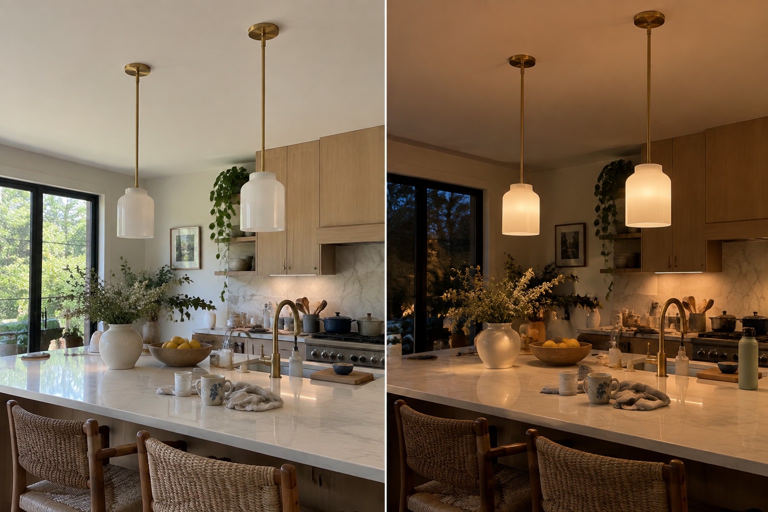 Metal pendant viewed from the same kitchen seat in daylight and evening light