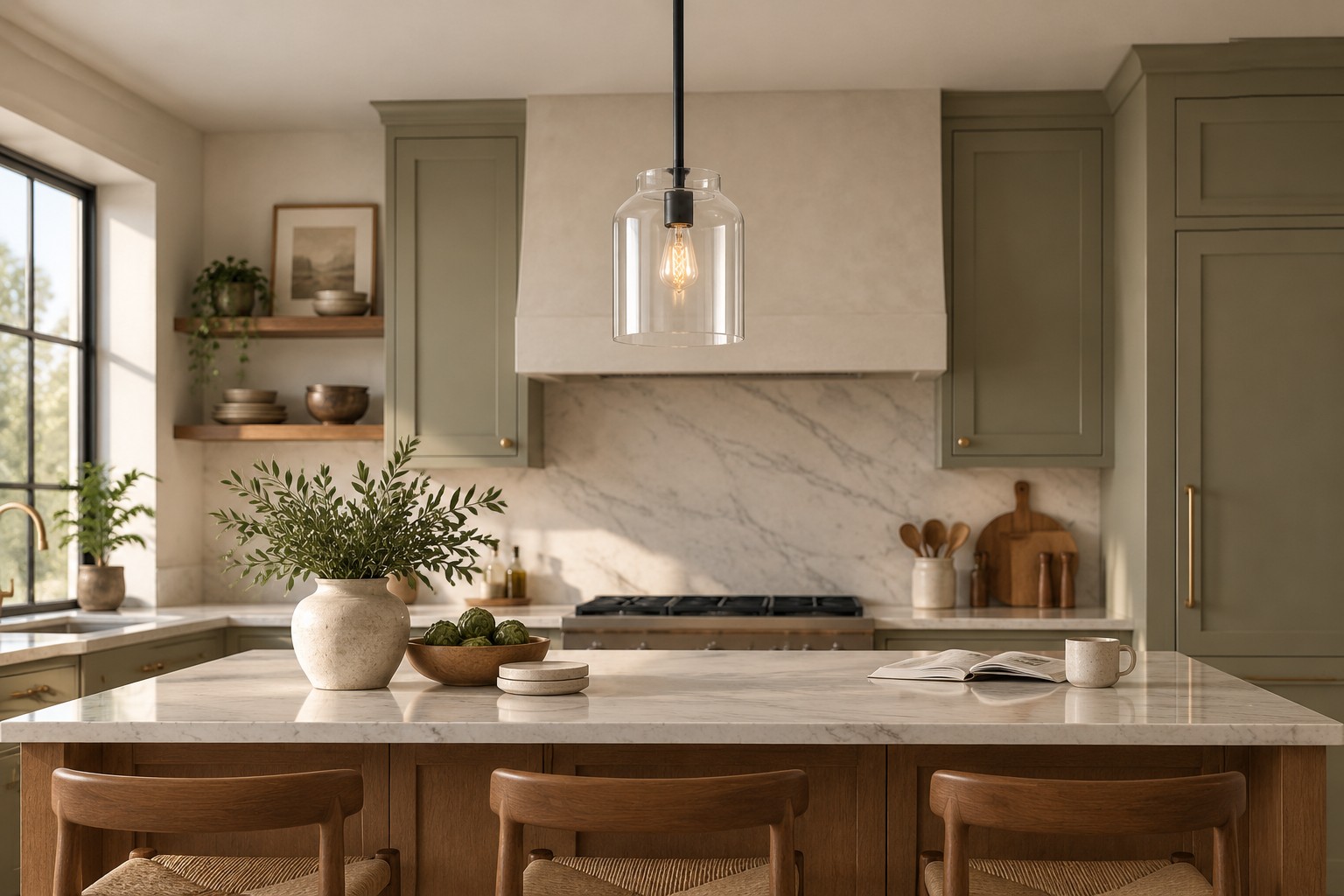Seated eye-level view toward an exposed pendant bulb over a kitchen island