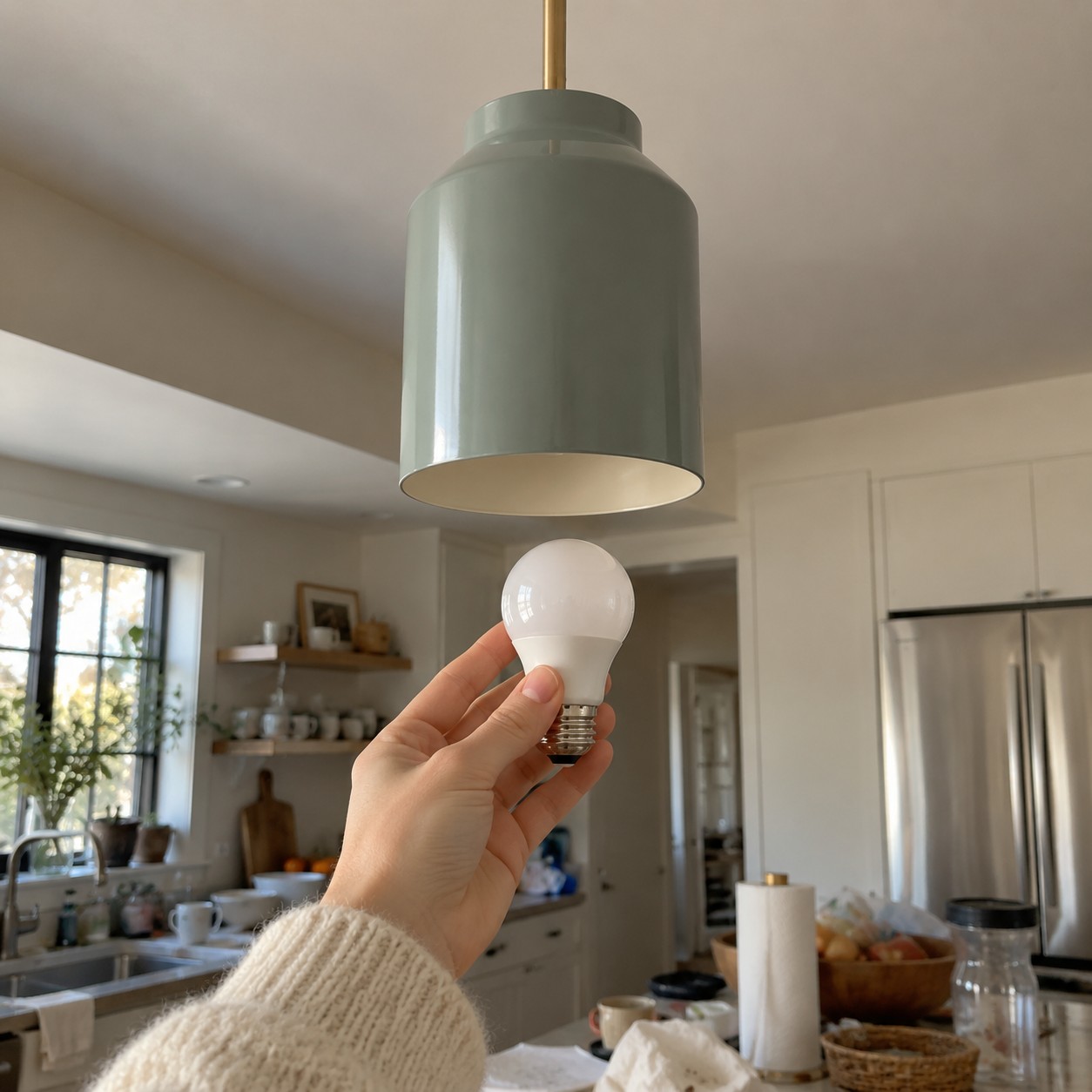 Checking replacement LED bulb dimensions against a metal pendant shade