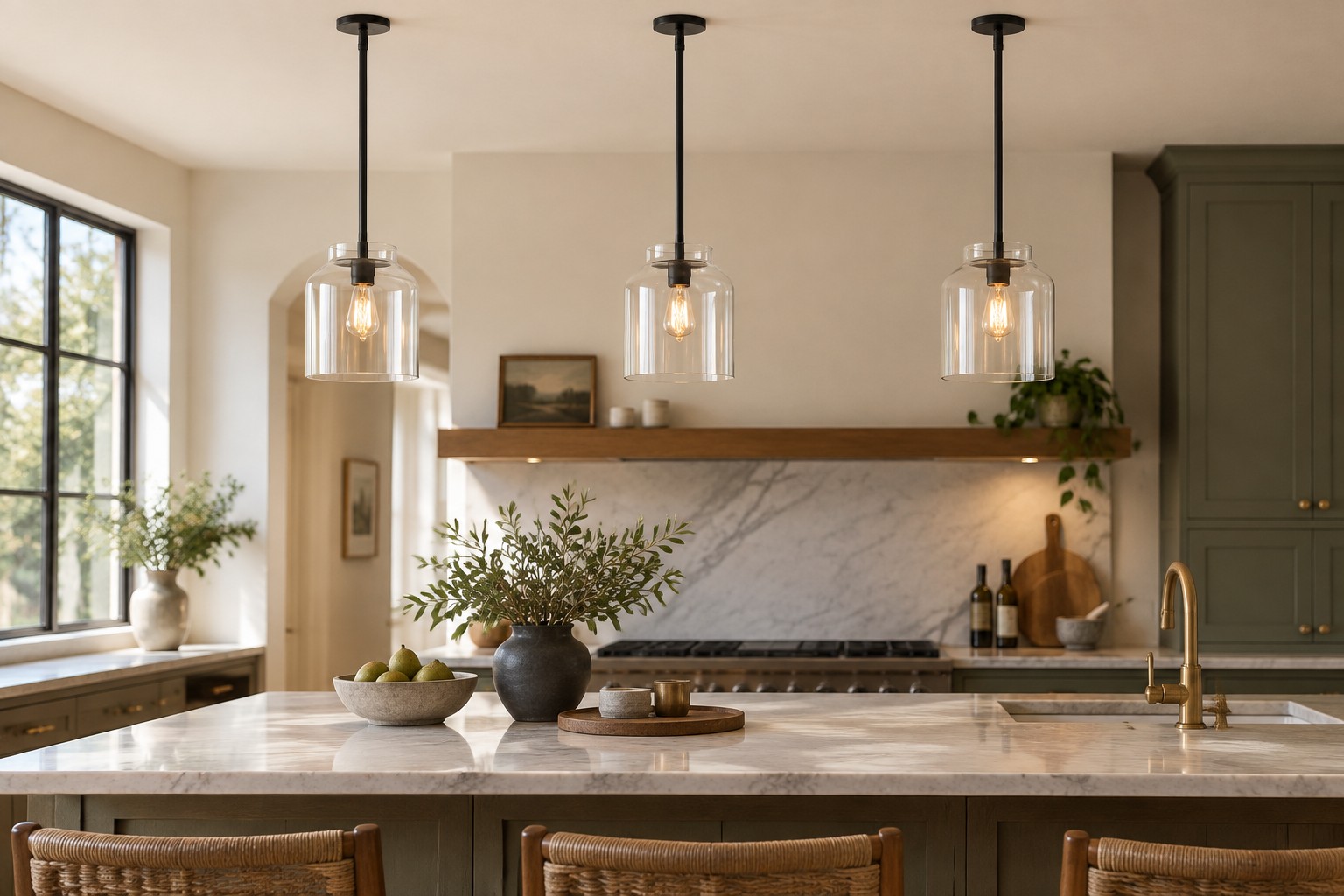 Clear and milk glass pendant shades viewed from the same kitchen seat