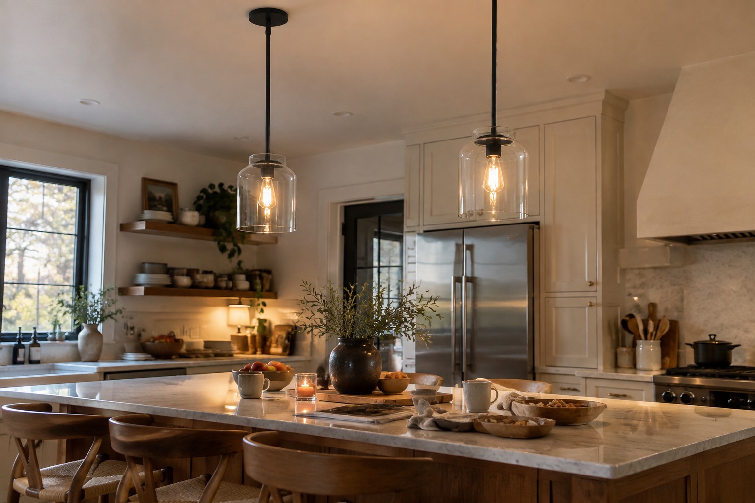 Seated view beneath a colored metal pendant showing whether the bulb is exposed