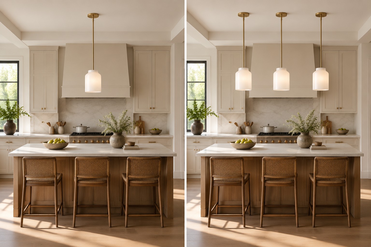 Same kitchen island shown with one Hanton-style pendant and three matching pendants